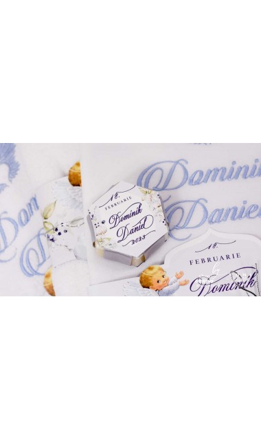 Trusou botez cu ingeri si flori de bumbac personalizat pentru baieti Ingerul Albastru 24